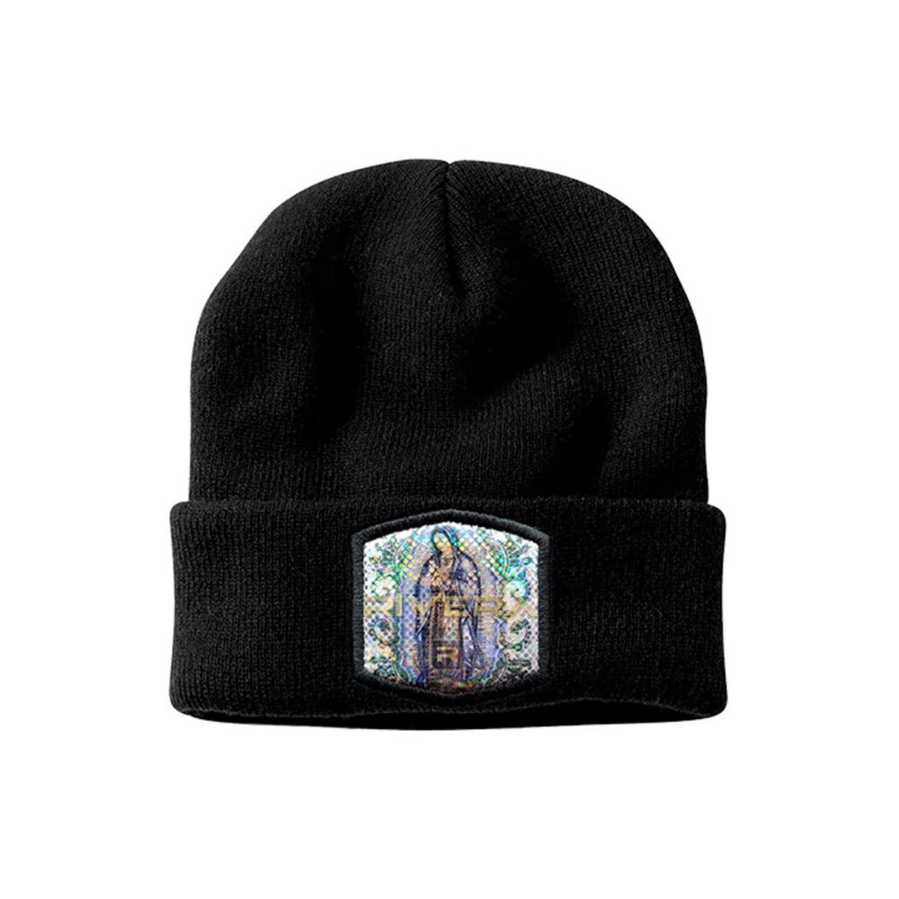 G Winter Knit Beanie, Virgen de Guadalupe Embroidered Patch, Shiny Metallic Cap